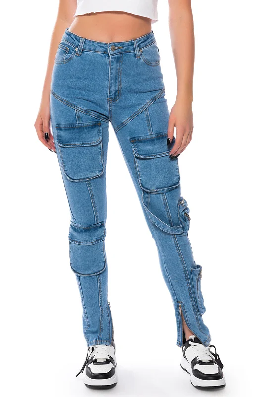 Leather Trim Jeans for Luxury -ONE STEP AT A TIME SKINNY CARGO JEANS