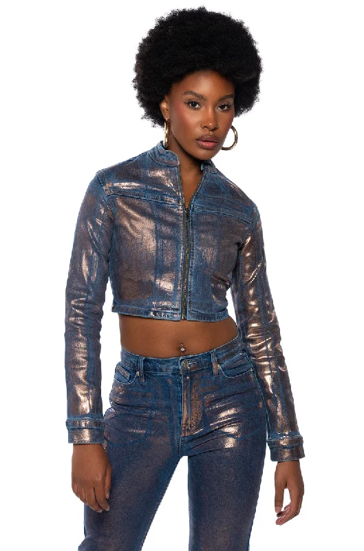 Distressed Jeans for Edgy Style -SHOW TIME METALLIC JEANS JACKET