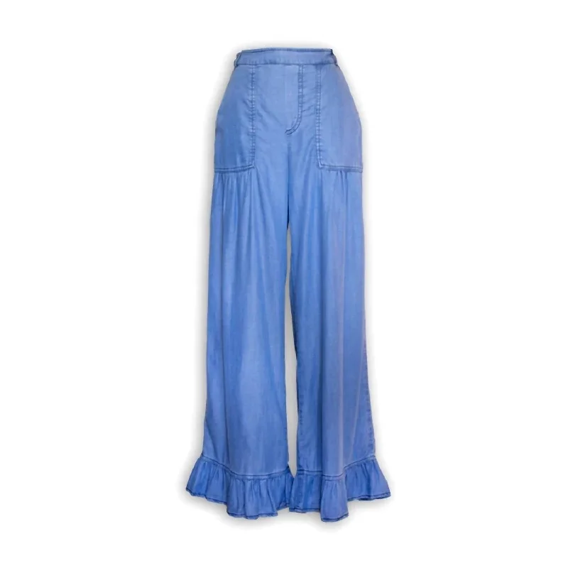 Tight trousers for women with faux leather material for sleek and modern look -Chambray Ruffle Hem Pants