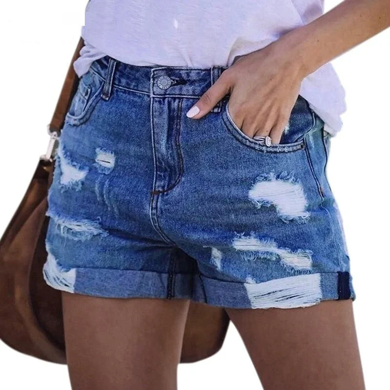 High-waisted shorts for women with flattering cuts and trendy designs-Women's Sexy Streetwear High Waist Stretch Ripped Curly Jeans Shorts