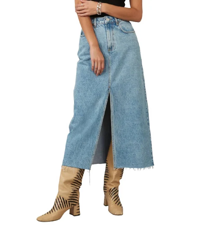 Brown Dresses for Earthy -Halston Denim Maxi Skirt With Front Slit In Vintage Ice Blue