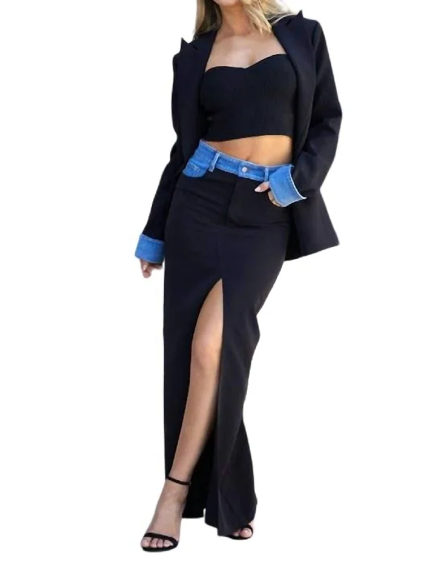 Off-shoulder Dresses for Feminine -Denim Spliced Maxi Skirt In Black