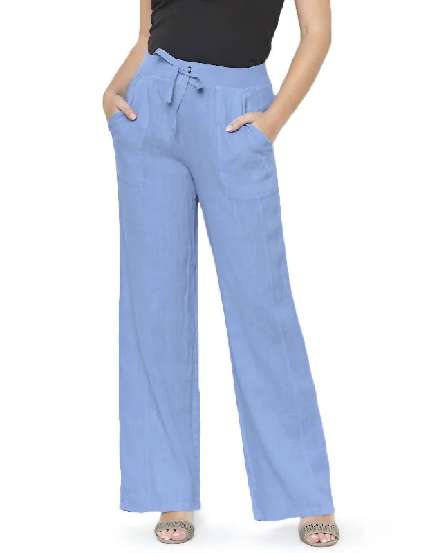 Stretch tight trousers for women with deep waistband for extra comfort and fit -Amalfi Linen Pant In Blue