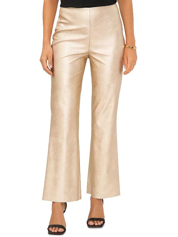 Casual tight trousers for women with cotton blend fabric for easy everyday wear -Womens Faux Leather Metallic Flared Pants