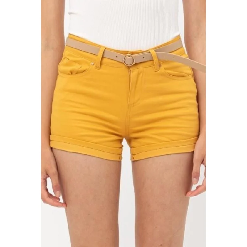 Trendy striped shorts for women with bold lines for a chic and stylish outfit-Women's Mustard High Rise 5 Pockets Roll Up Hem Shorts with Belt