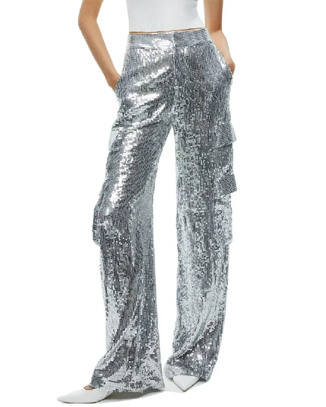 Fashion-forward tight trousers for women with metallic sheen and edgy design -alice + olivia Hayes Sequin Wide Leg Cargo Pant