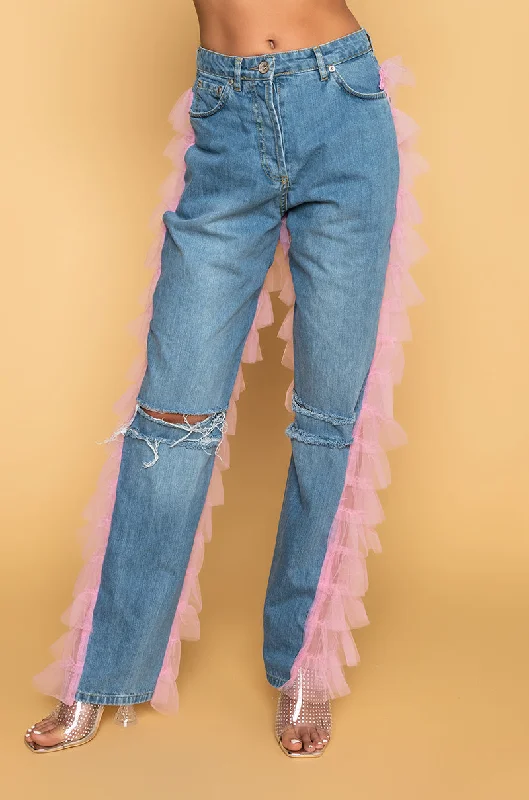 Ripped Jeans for Trendy Look -PRETTY LADY DENIM JEANS WITH BACK RUFFLE TULLE TRIM LIGHT PINK