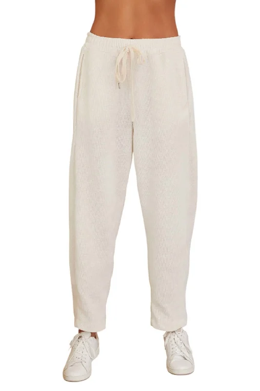 Light denim tight trousers for women with casual fit and comfortable material -Waffle Drawstring Pants In Ivory