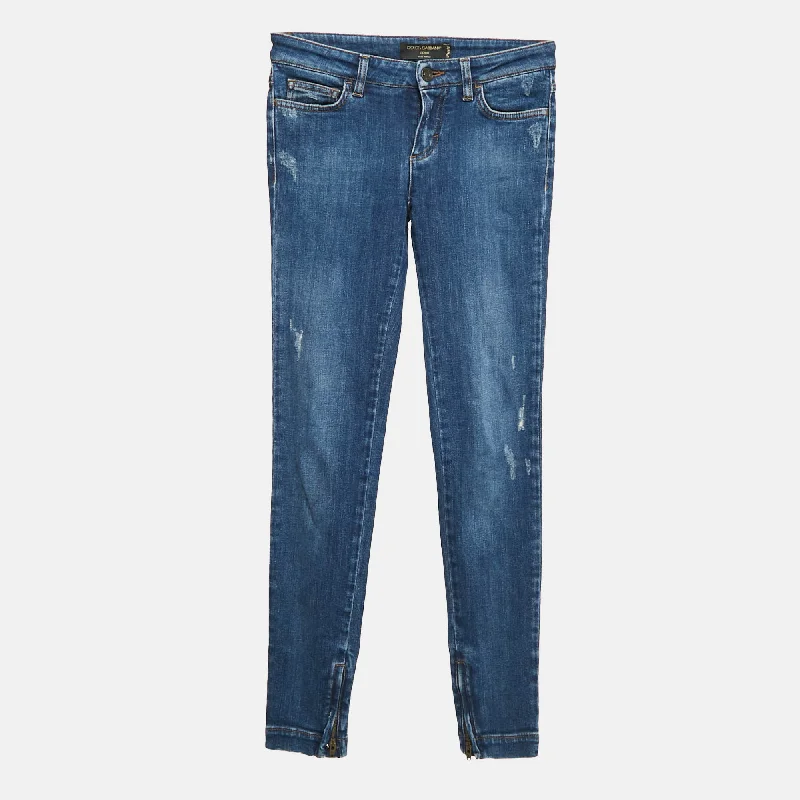 Stretchy knit tight trousers for women with soft fabric and relaxed fit -Dolce & Gabbana Blue Ripped Denim Pretty Jeans