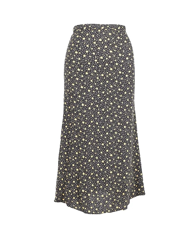 African Dresses with Culture -Reformation Floral Print Midi Skirt in Black Polyester