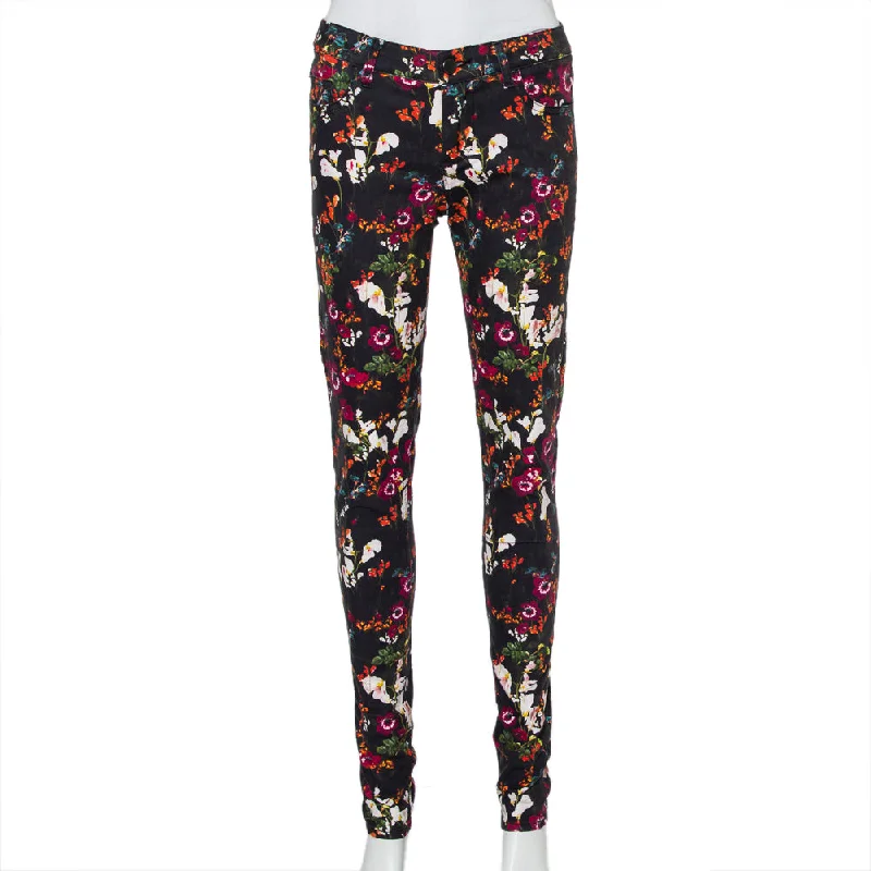 Fashion-forward tight trousers for women with metallic sheen and edgy design -Alice + Olivia Black Floral Printed Denim