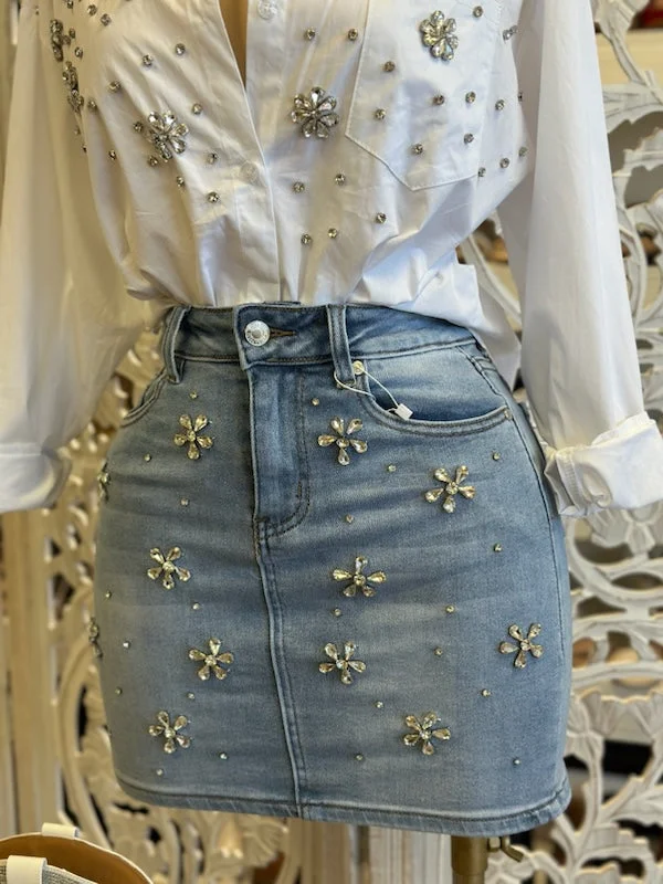 Mom Jeans for Vintage Appeal -Rhinestone Flower Jean Skirt- Stretchy