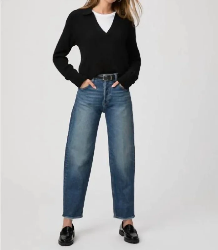 Black leather tight trousers for women with sleek, glossy finish for night out -Alexis Barrel Leg Jean In Lovejoy Distressed